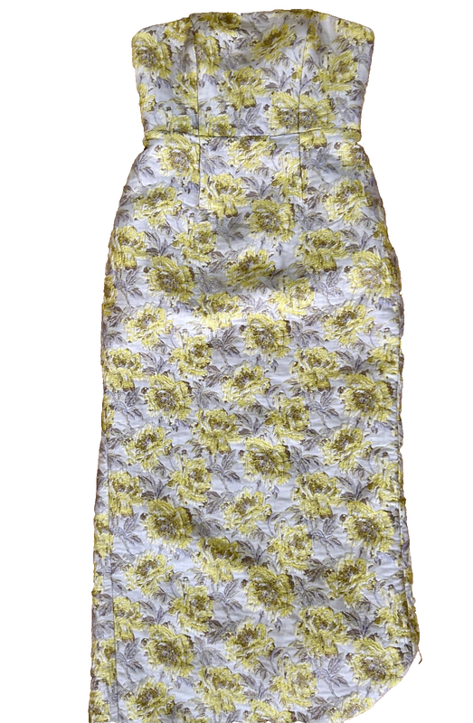 Alfred Sung Metallic Yellow White Floral Jacquard Strapless Sheath Gown Size 6