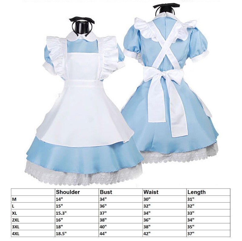 Alice In Wonderland Costume Waitress Uniform Maid Blue Dress Halloween Cosplay
