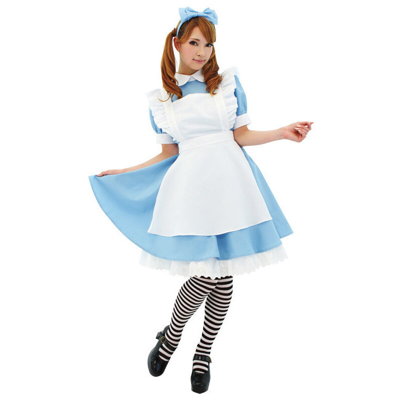 Alice In Wonderland Costume Waitress Uniform Maid Blue Dress Halloween Cosplay