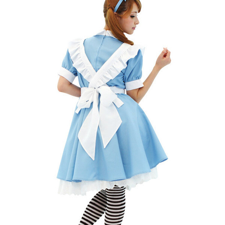 Alice In Wonderland Costume Waitress Uniform Maid Blue Dress Halloween Cosplay