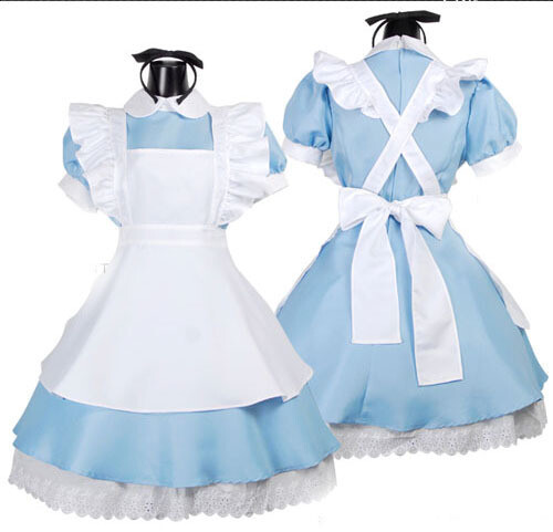 Alice in Wonderland Costume Waitress Uniform Maid Blue Dress Halloween Cosplay