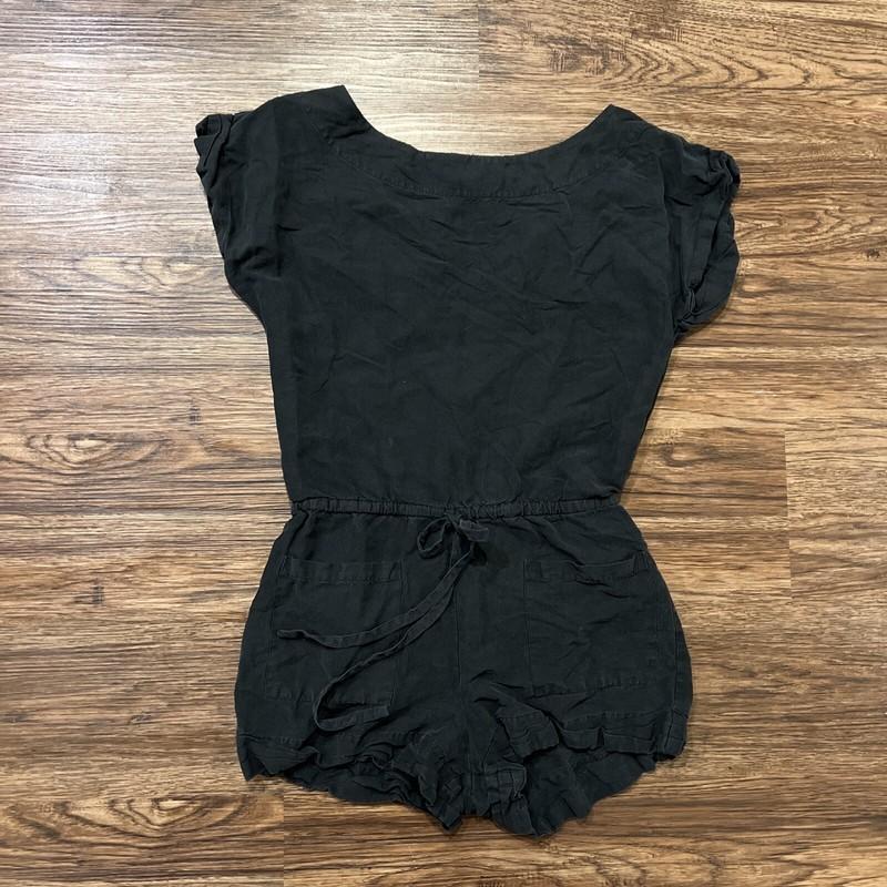 ALICE + OLIVIA Black Linen Silk Romper Shorts Short Sleeve Tie Waist Pockets XS