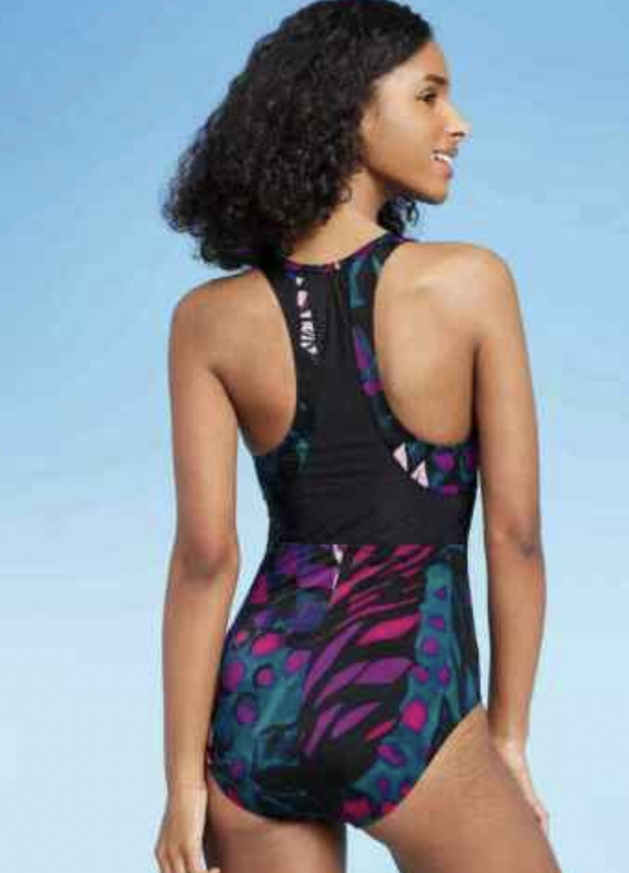 All In Motion Zip-Front Racerback One Piece Swimsuit Black Floral NWT Variety Sz
