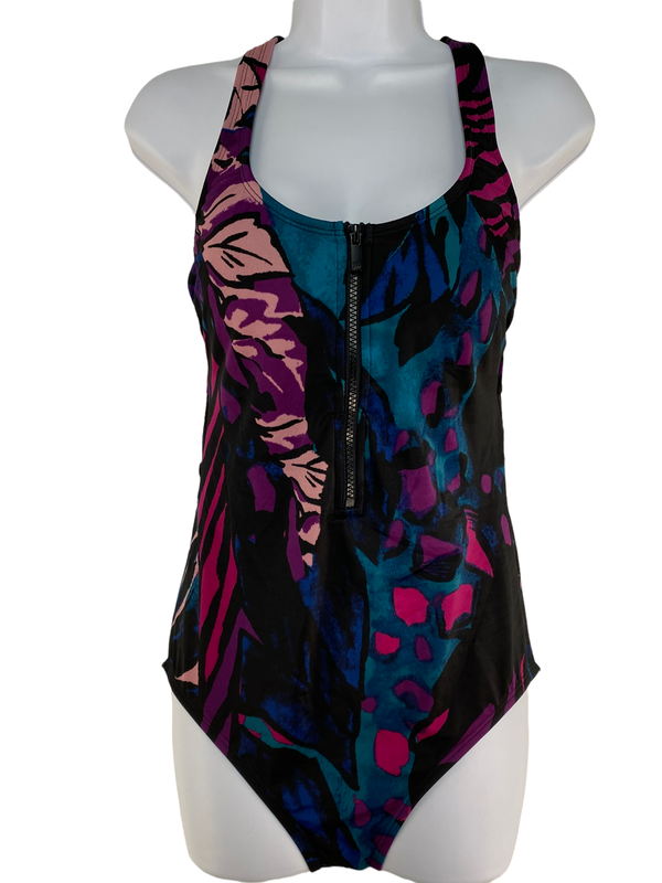 All In Motion Zip-Front Racerback One Piece Swimsuit Black Floral NWT Variety Sz
