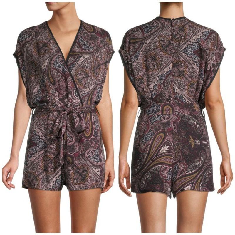 All Saints Reid Scarf Playsuit Romper Purple Paisley V-Neck Tie Belt 2