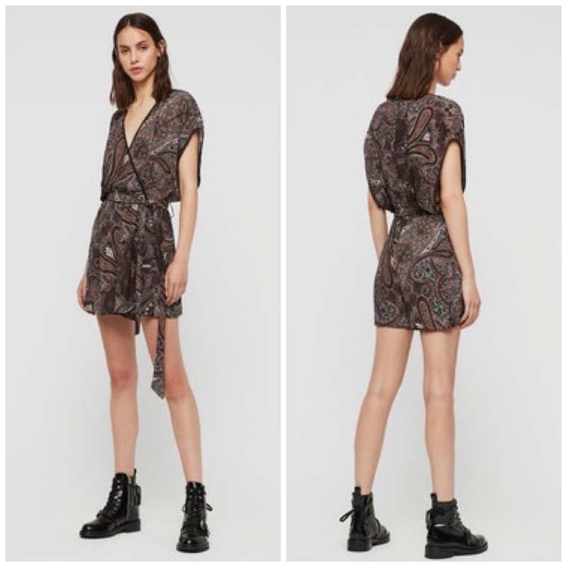 All Saints Reid Scarf Playsuit Romper Purple Paisley V-Neck Tie Belt 2