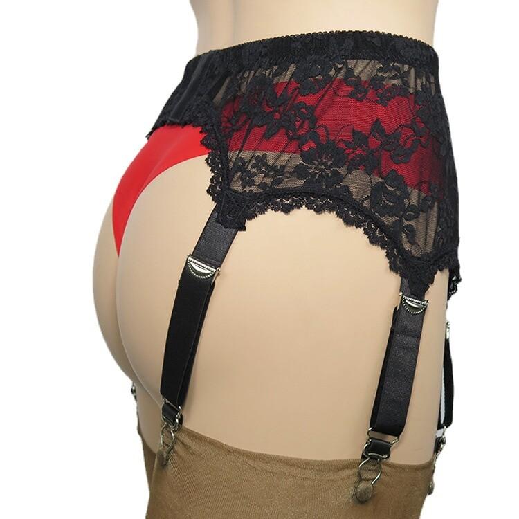 Allacki Black Floral Lace Garter Belt 6 Straps Suspender Belt Sheer Lingerie