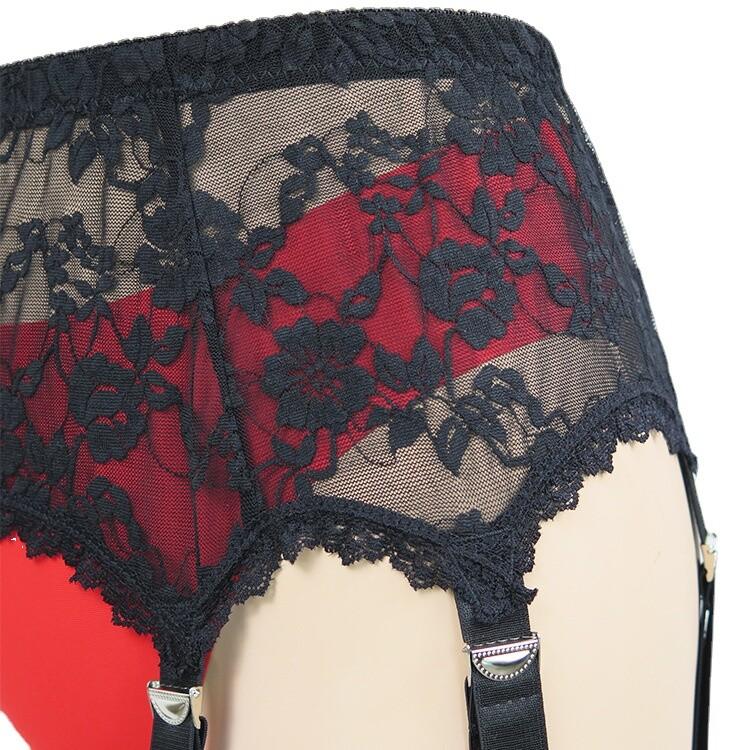 Allacki Black Floral Lace Garter Belt 6 Straps Suspender Belt Sheer Lingerie