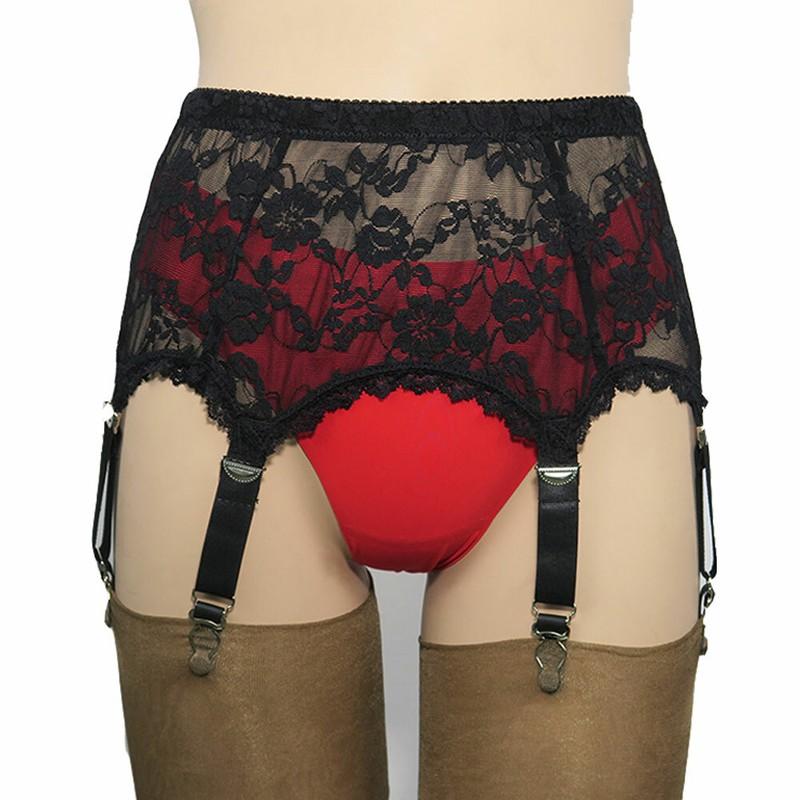 Allacki Black Floral Lace Garter Belt 6 Straps Suspender Belt Sheer Lingerie