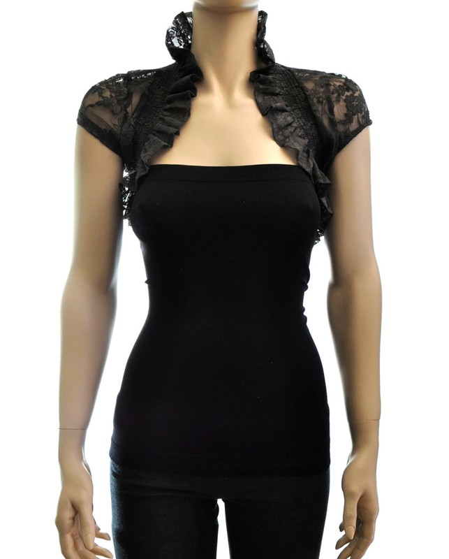 Allover Laced Solid Puffed Short Sleeve Cropped Shirred Bolero S ~ L