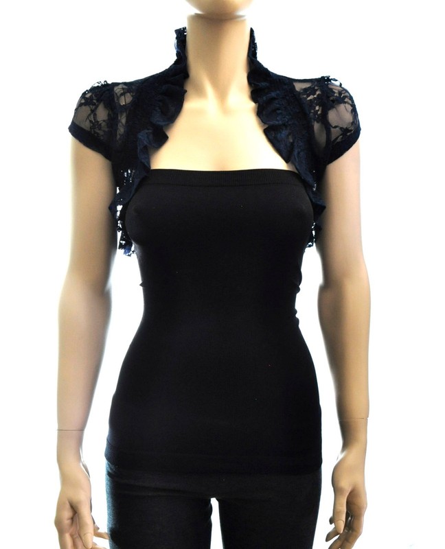 Allover Laced Solid Puffed Short Sleeve Cropped Shirred Bolero S ~ L