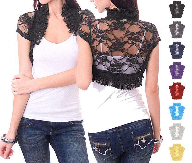 Allover Laced Solid Puffed Short Sleeve Cropped Shirred Bolero S ~ L