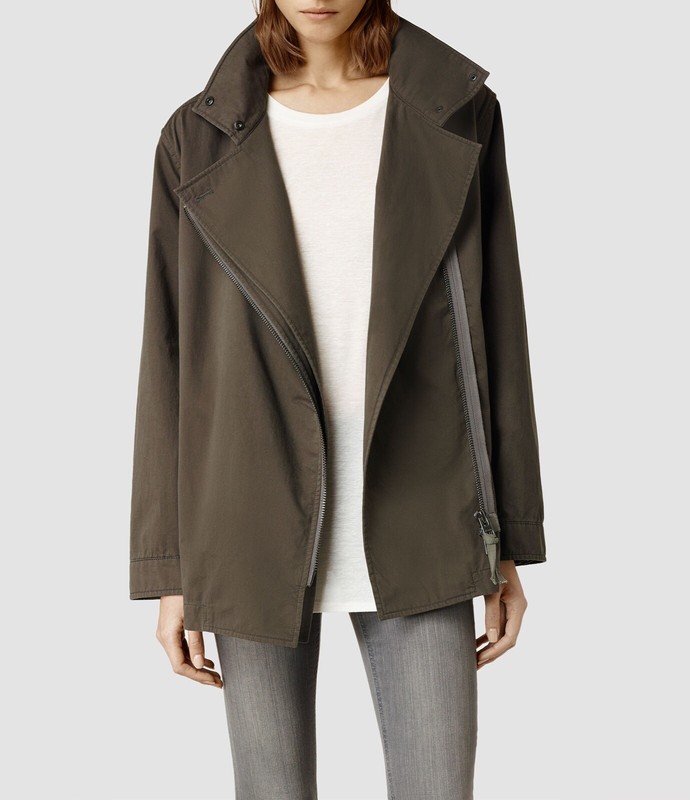 Allsaints Women Size 6 Asymmetric Zip Up Waterfall Front LANCE Jacket Moto Olive