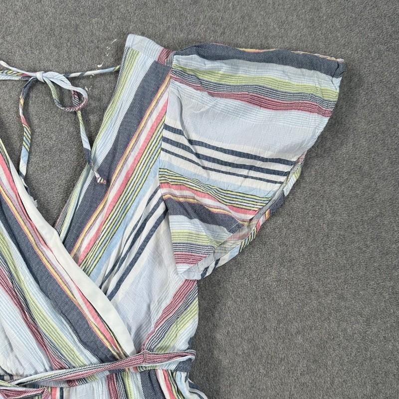 Altar'd State Stripe Romper Flutter Sleeve Size Small Belted V-Neck Blue Pink