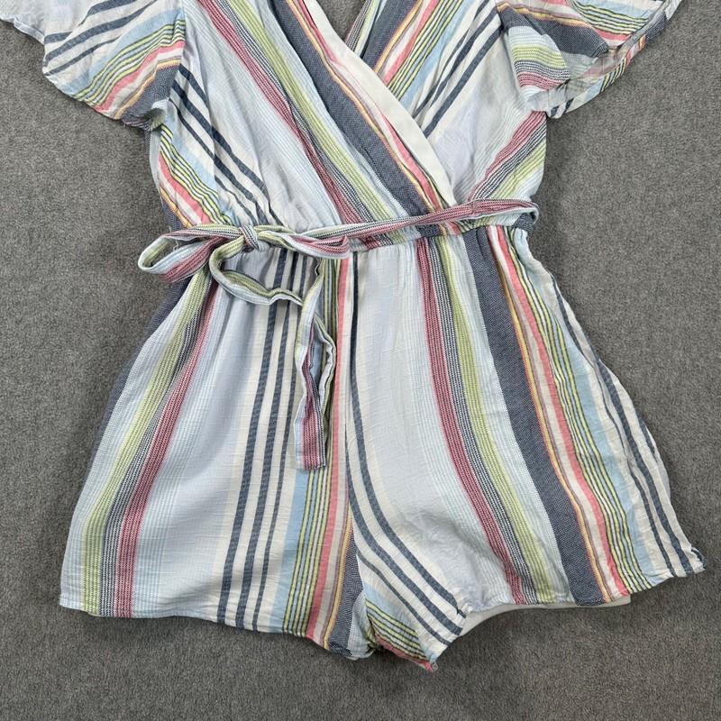 Altar'd State Stripe Romper Flutter Sleeve Size Small Belted V-Neck Blue Pink
