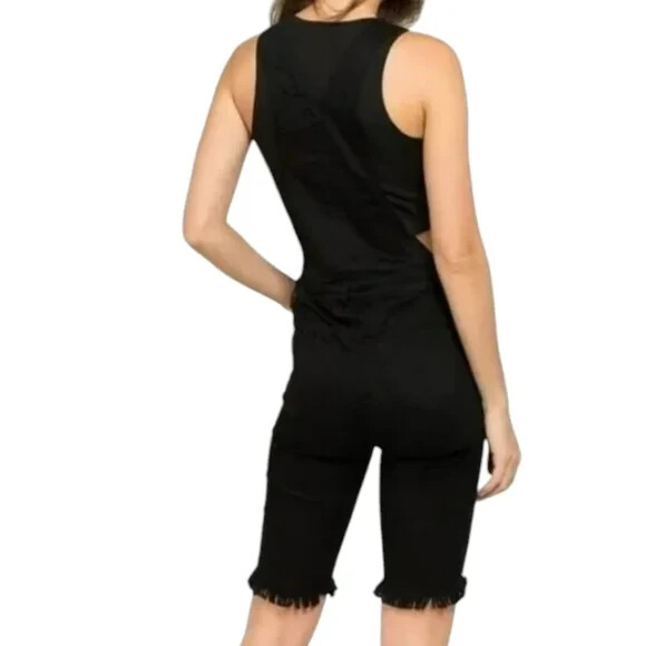American Bazi Distressed Junior Plus Denim Skinny Fit Shorts Overalls Black New