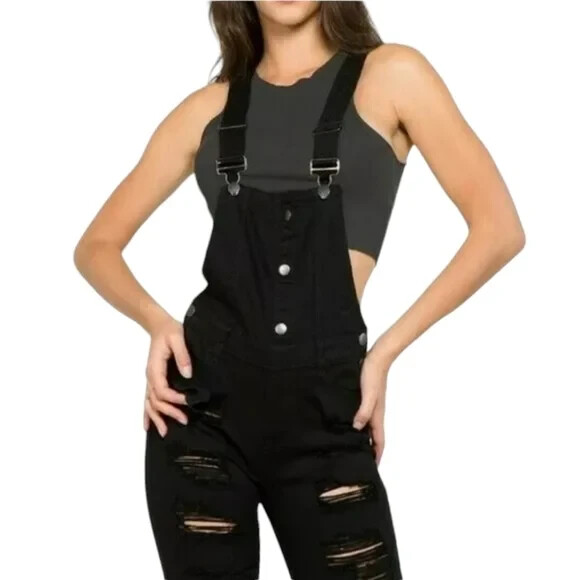 American Bazi Distressed Junior Plus Denim Skinny Fit Shorts Overalls Black New