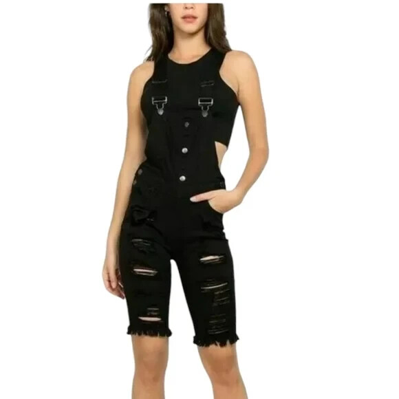 American Bazi Distressed Junior Plus Denim Skinny Fit Shorts Overalls Black New