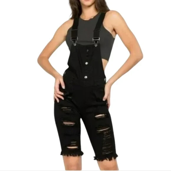 American Bazi Distressed Junior Plus Denim Skinny Fit Shorts Overalls Black New