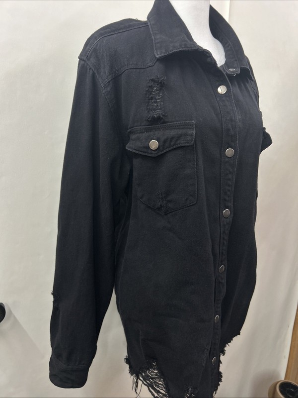 American Bazi Jacket Womens 2X Black Distressed Denim Oversized Ripped