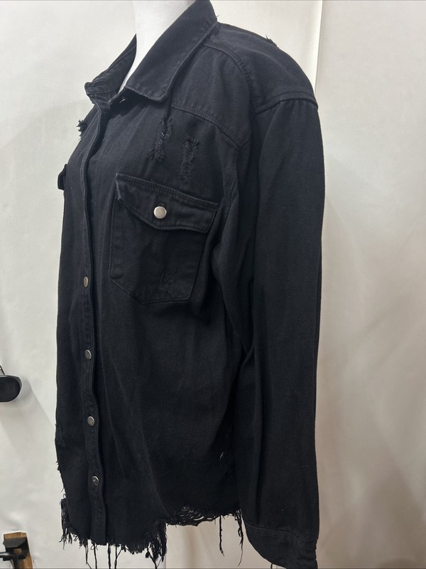 American Bazi Jacket Womens 2X Black Distressed Denim Oversized Ripped