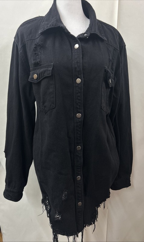 American Bazi Jacket Womens 2X Black Distressed Denim Oversized Ripped