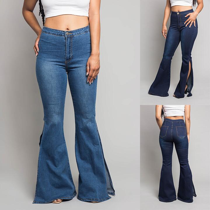 American Bazi Women's Casual Bell Bottom Comfortable Side Slit Jeans RJH3333