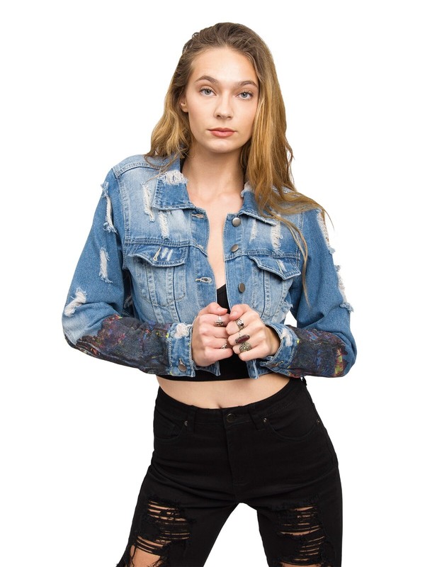 American Bazi Women's Casual Hollywood Print Cropped Denim Jacket RJK3734