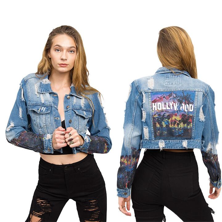 American Bazi Women's Casual Hollywood Print Cropped Denim Jacket RJK3734