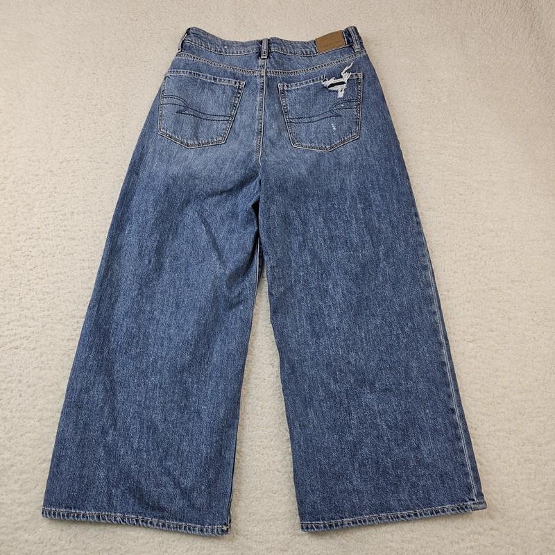 American Eagle Jeans Womens 2 AE 77 Premium Wide Leg Crop Light Wash Distressed