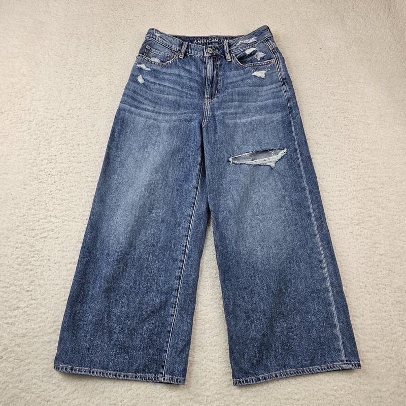 American Eagle Jeans Womens 2 AE 77 Premium Wide Leg Crop Light Wash Distressed