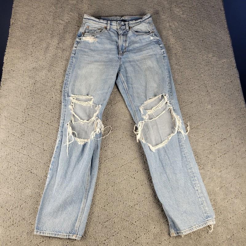 American Eagle Jeans Womens 6 Blue Highest Rise Baggy Straight Denim Thrashed