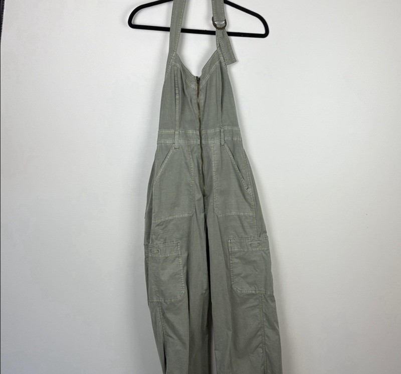 American Eagle Snappy Stretch Poplin Cargo Jumpsuit Women's Size Small Green
