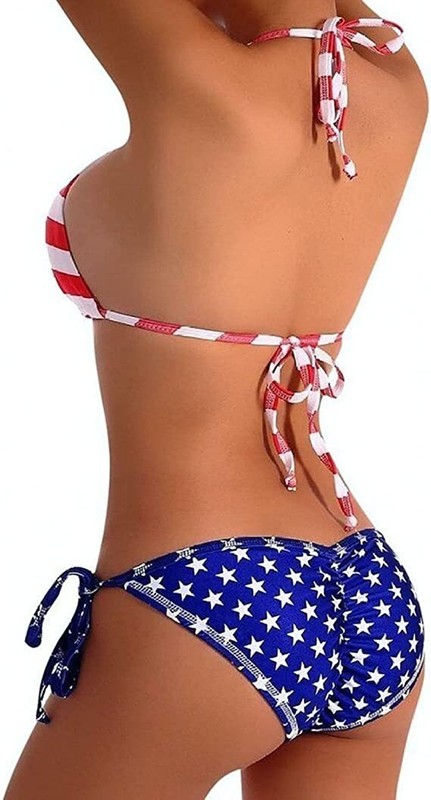 American Flag Print Halter Triangle Bikini Swimsuit - Sexy 4th Of July Party