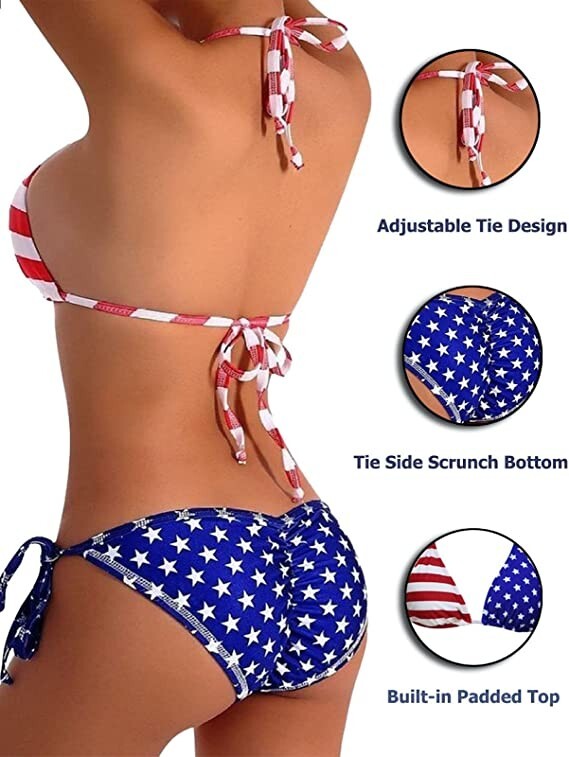 American Flag Print Halter Triangle Bikini Swimsuit - Sexy 4th Of July Party