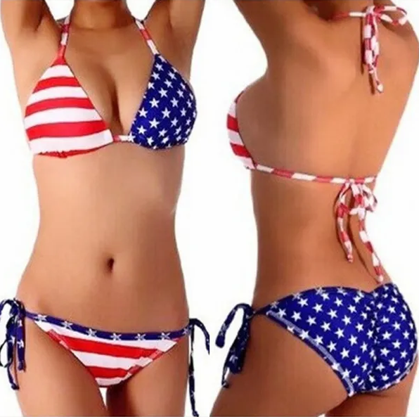 American Flag Print Halter Triangle Bikini Swimsuit - Sexy 4th of July Party