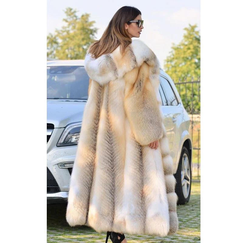 American Style Winter Women's Faux Fox Fur Coat Super Long Overcoat Hooded S-4XL