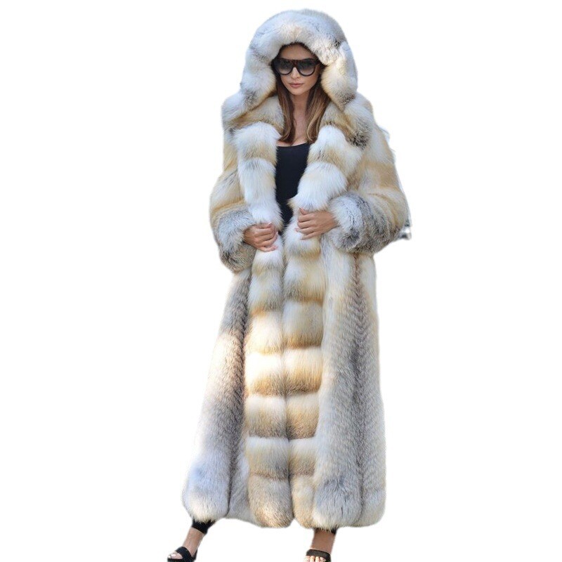 American Style Winter Women's Faux Fox Fur Coat Super Long Overcoat Hooded S-4XL