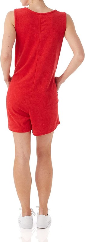 AmeriMark Women's Terry Knit Romper Sleeveless Jumpsuit With Side Pockets Cherry