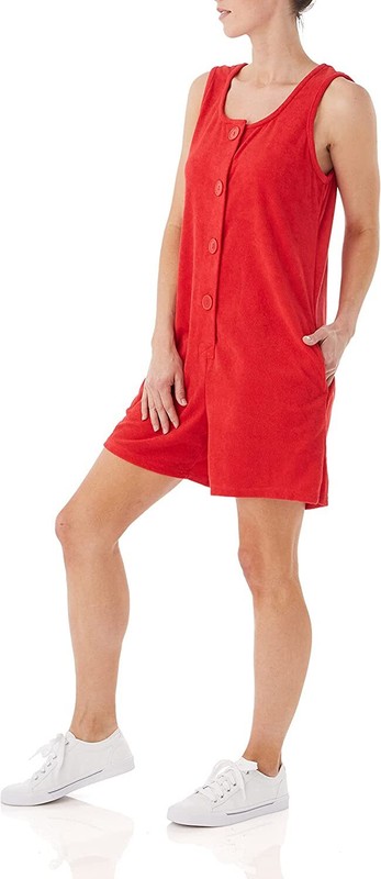 AmeriMark Women's Terry Knit Romper Sleeveless Jumpsuit With Side Pockets Cherry
