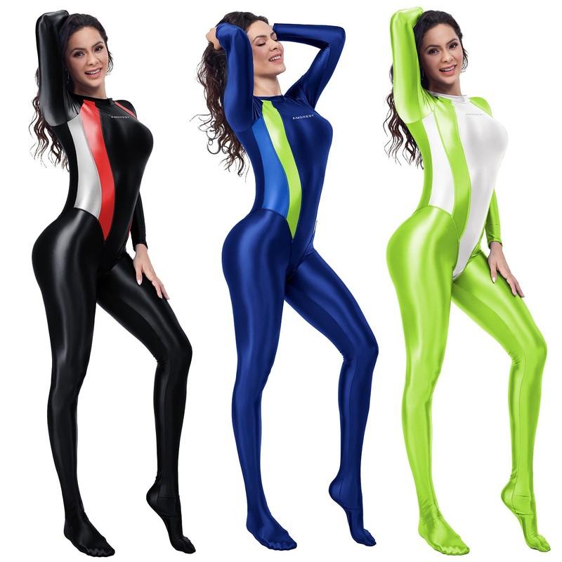 AMORESY Women Jumpsuit One Piece Oil Shiny Bodysuit Yoga Leggings Overalls New