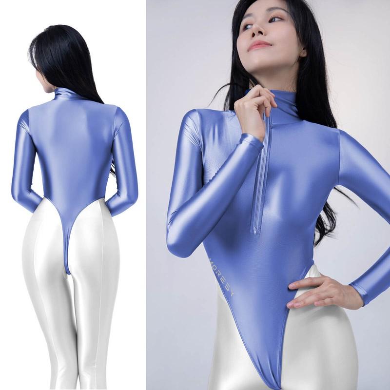AMORESY Women's Long Sleeve Thong Zipper Swimwear T-back Leotard Beach Bodysuits