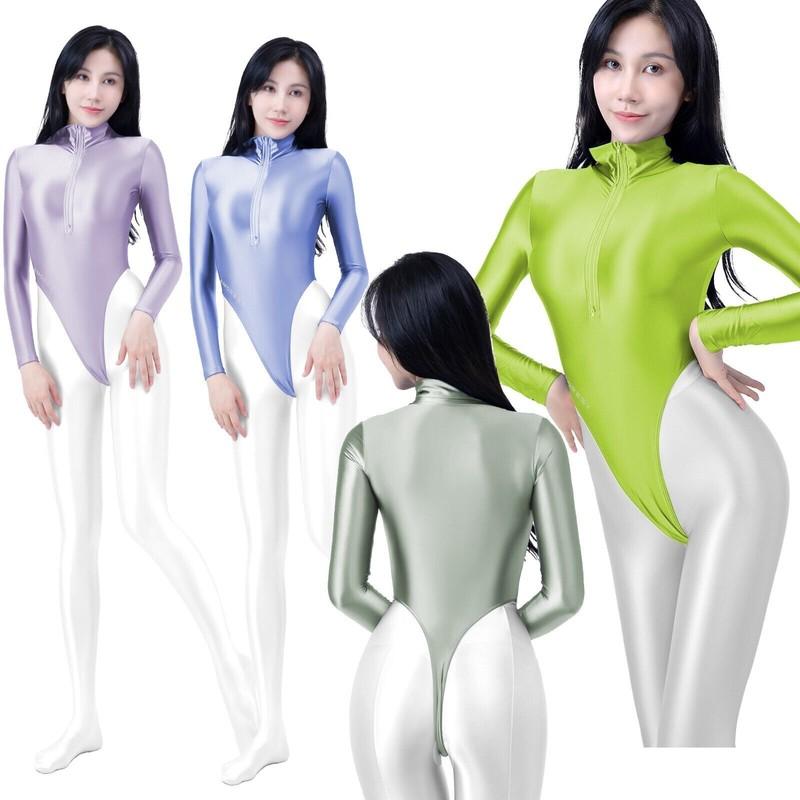 AMORESY Women's Long Sleeve Thong Zipper Swimwear T-back Leotard Beach Bodysuits