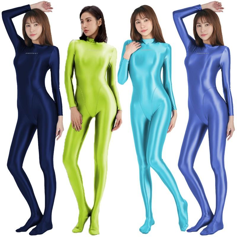 AMORESY Women's Smooth Glossy Jumpsuits Long Sleeve Yoga Zipper Fitness Catsuits