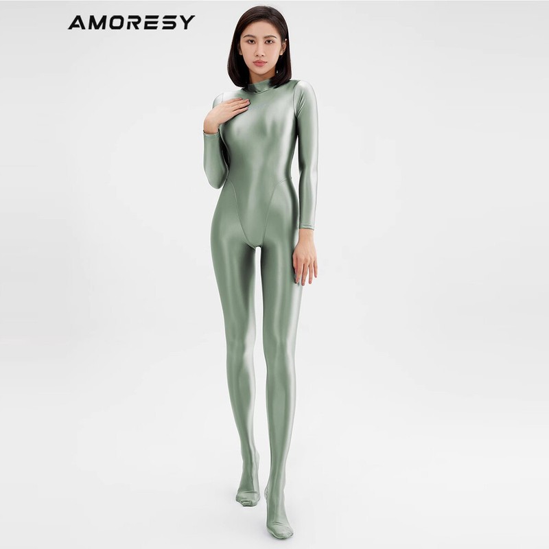AMORESY Women Sexy Shiny Jumpsuit Overall Leotard Bodysuit Catsuit Zentai Tights