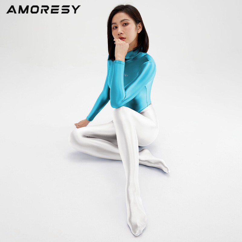 AMORESY Women Sexy Shiny Swimwear One Piece Long Sleeve Zipper High Cut Leotards