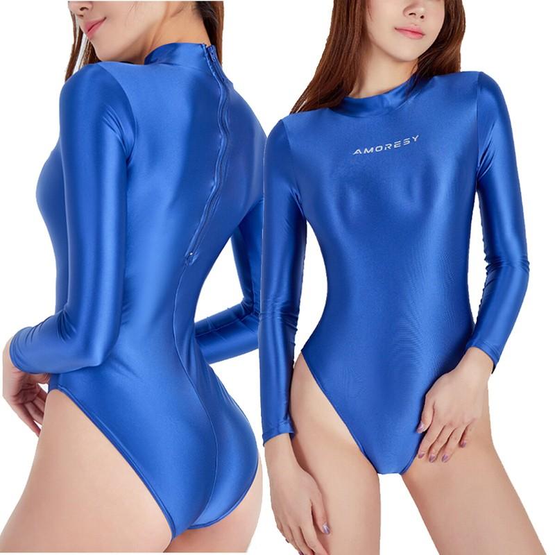 AMORESY Women Smooth Glossy Swimwear One Piece Long Sleeve Zipper Swim Leotards