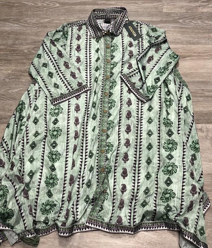 ANANDAS Peasant Boho Woven Mini Dress Floral Size Medium M Green Art To Wear NEW