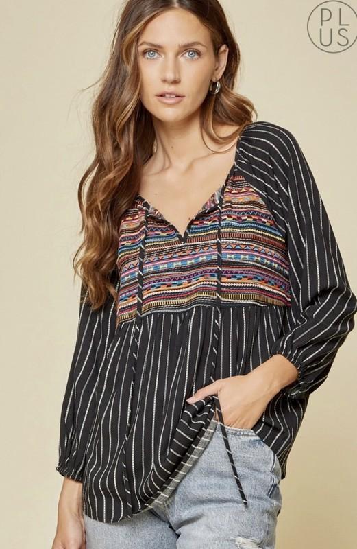 Andre by Unit Savanna Jane boho peasant Embroidered stripe Top S M L 1X