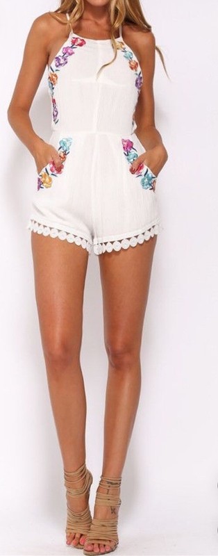 Angel Biba Romper Floral Embroidered White Pockets ZEPHYR HAVANA Womens 10 Lace